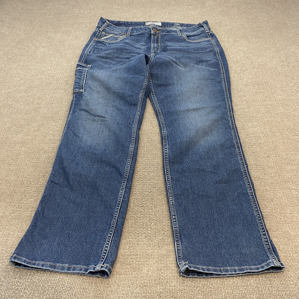 Ariat Rebar DuraStretch Riveter Jeans Womens 34 L Blue Med Wash Straight Denim